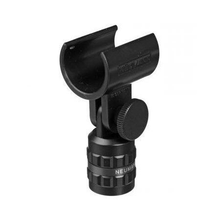 SG 21 Stand Mount mic clamp with Swivel Neumann black stand mount with swivel bracket for a microphone on a white background