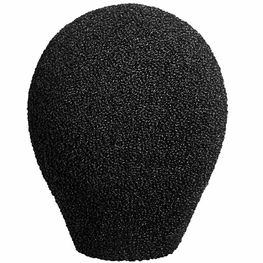 Neumann bulb shaped black KMS mic foam windscreen on a white background 