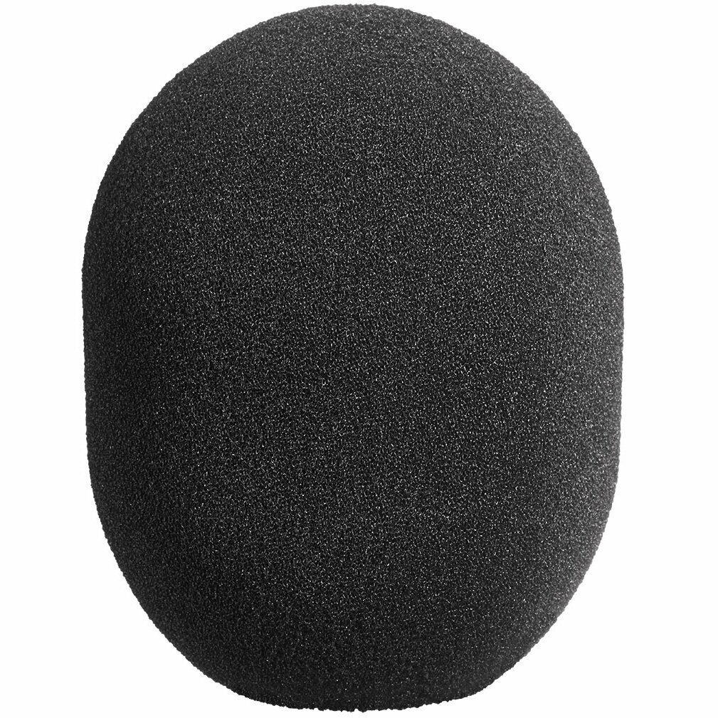 Upright Neumann black foam spherocylinder (capsule shaped) large mic wind shield "WS 2" on a white background