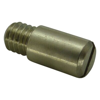 Small metal shaft with turned down thead on left hand side and slotted end with a tapered edge at the other end or grub screw
