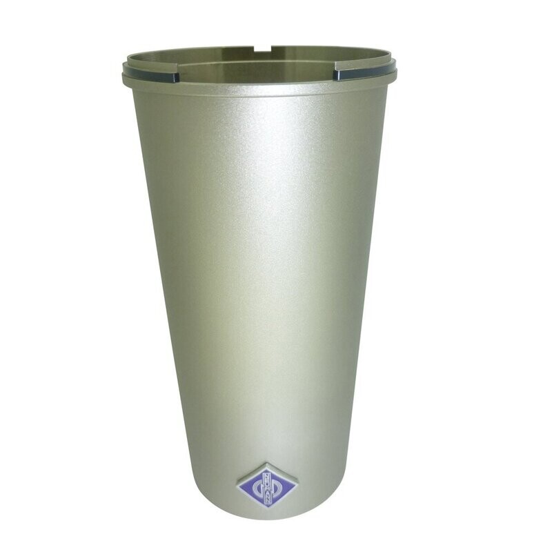 Nickel colored Neumann U87A microphone hollow tapered cylindrical housing tube with purple name badge on a white background