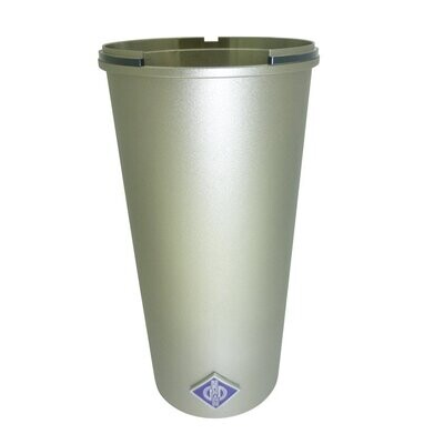 Nickel colored Neumann U87A microphone hollow tapered cylindrical housing tube with purple name badge on a white background