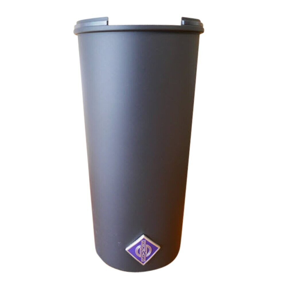 Black Neumann U87A microphone hollow tapered cylindrical housing tube with purple name badge on a white background