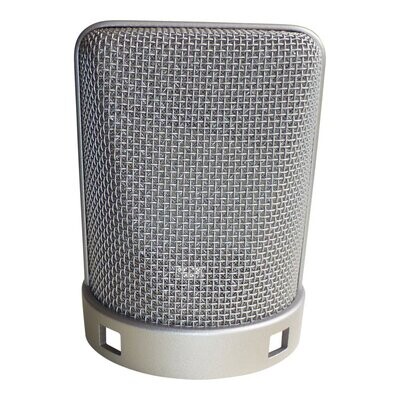 Nickel coloured grill  U87 microphone grill with round ring base and two cut-outs on white background