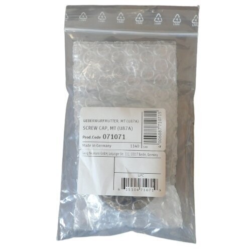 Neumann retail plastic pack with barcodes for part 071071 Screw Cap black U87A on a white background