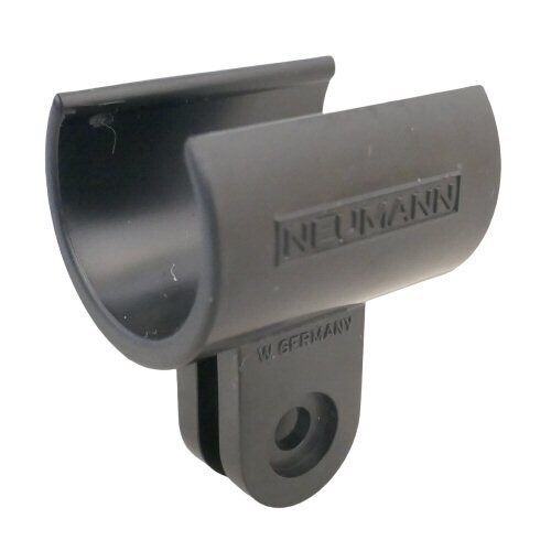 Black Neumann branded mic clip cradle part with holes for mic bracket stand fitting  on a white background