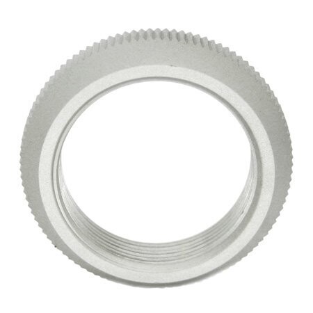 Nickel coloured Metal ring with outer machined surface and internal thread on a white background 