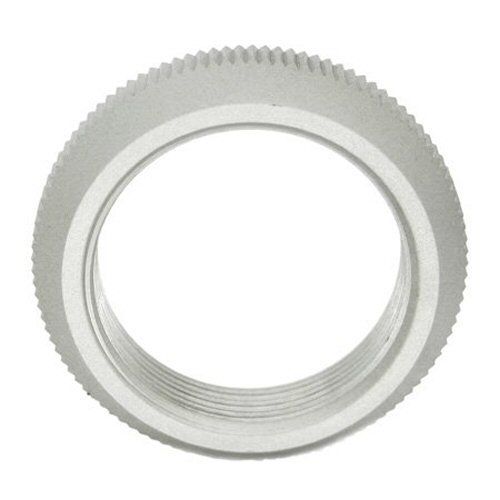 Nickel coloured Metal ring with outer machined surface and internal thread on a white background 