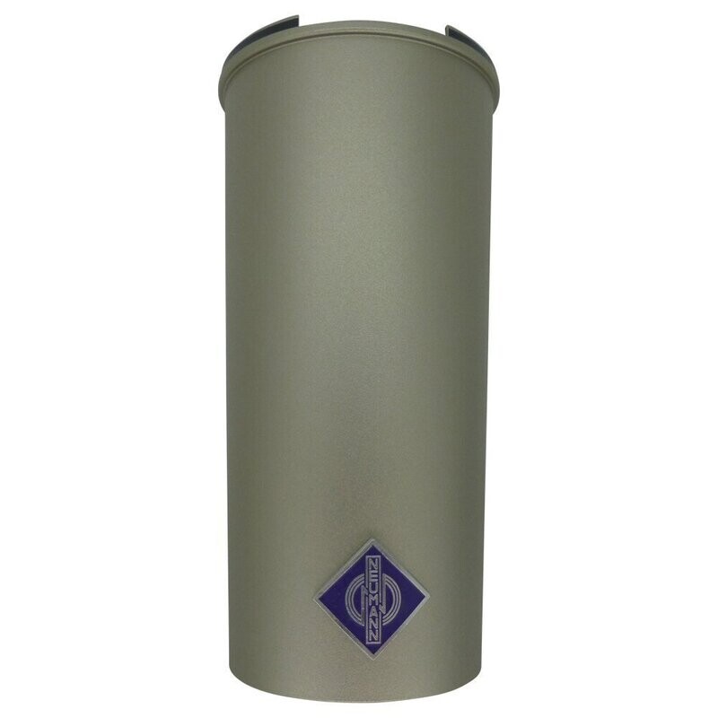 Neumann nickel coloured metal tapered conical housing tube for U89 microphone with purple name badge on white background