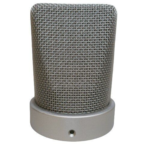 Neumann wire mesh cage with hole for screw to affix to TLM 103 large diaphragm microphone in Nickel on a white background