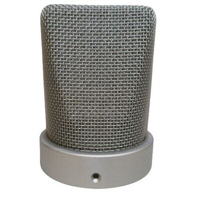 Neumann wire mesh cage with hole for screw to affix to TLM 103 large diaphragm microphone in Nickel on a white background