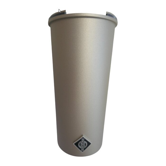 Neumann nickel coloured metal tapered conical housing tube with name badge logo for U67 mic on a white background