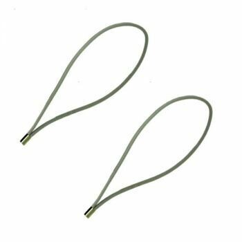 Two light grey tear drop shaped loops of crimped Neumann 576568 elastic cords for an EA1 mic suspension on a white background