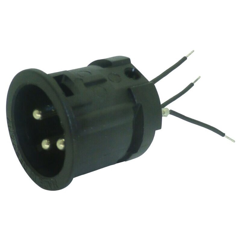 Black male 3 pin xlr body with three rear external connecting wires with tinned ends on a white background