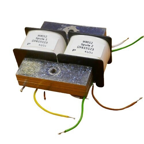 Two transformer windings encapsulated in white set over a square winding section with a number of coloured cables & contacts