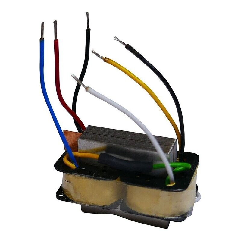 Brown encapsulated transformer unit with six different coloured wires with tinned ends on a white background