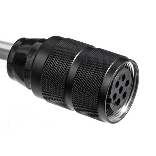 Neumann black multipin in-line female connector plug with machined surface threaded cover over white background