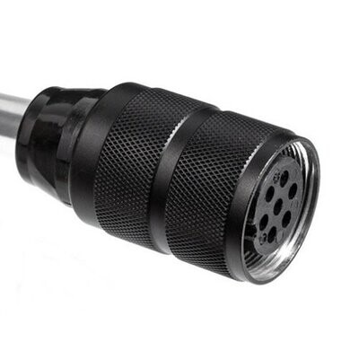 Neumann black multipin in-line female connector plug with machined surface threaded cover over white background
