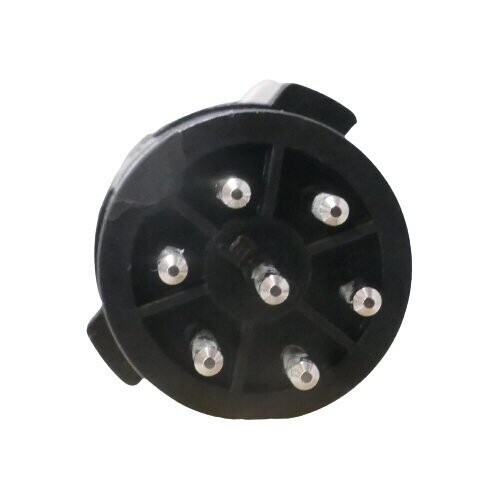 Round black U67 male plug insert with seven metal contact pins one centre pin and six equally spaced pins around it 