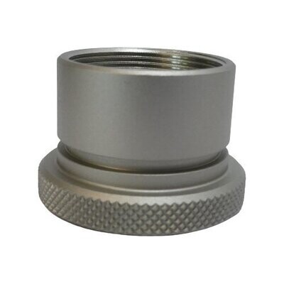 Nickel tube with internal threaded surface and round stepped out knurled disc for finger tightening on a white background 