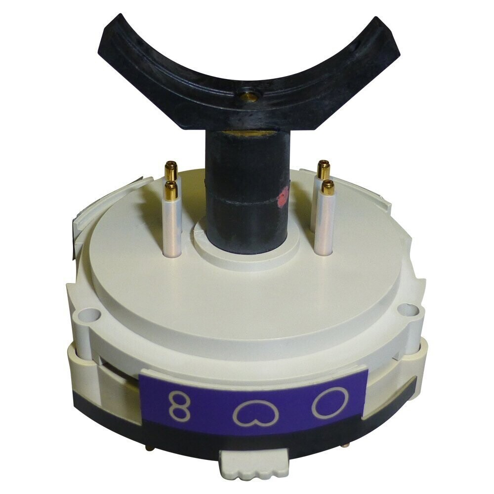 Neumann white round base with four contact pins and sliding switch with curved Y shaped black top U87 capsule holder on top 