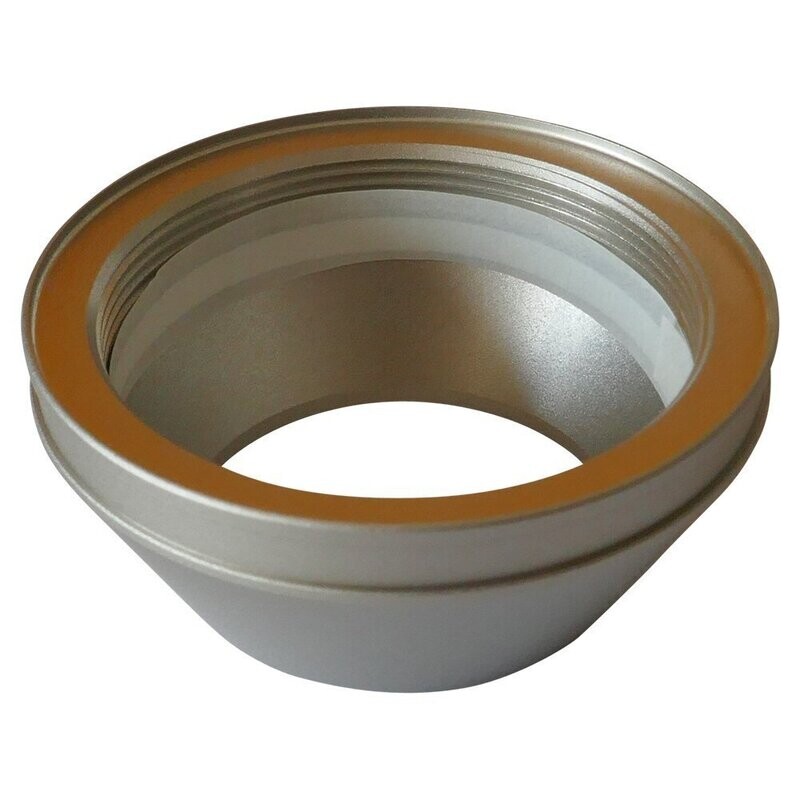 Round nickel metal ring cap with open end and an internal threaded surface with an open ended tapered dome bottom section 