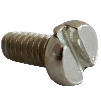 Neumann small silver coloured cheese head screw with slotted head on a white background