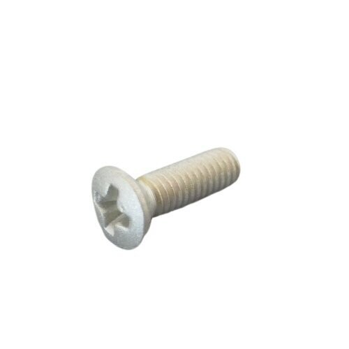 Neumann small nickel coloured metal screw with cross head slot on a white background