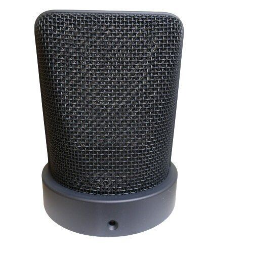 Neumann wire mesh cage with hole for screw to affix to TLM 103 large diaphragm microphone in Black on a white background