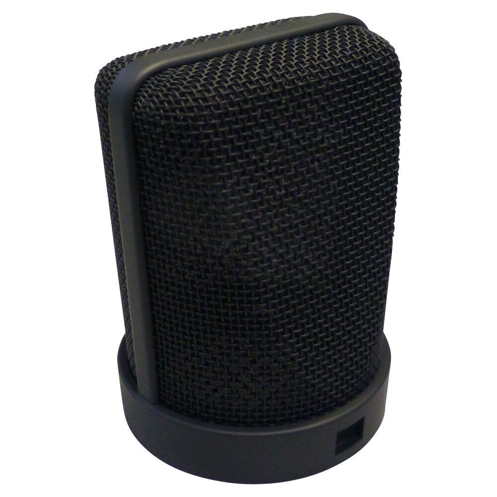 Neumann wire mesh cage for U87 large diaphragm microphone in black on a white background