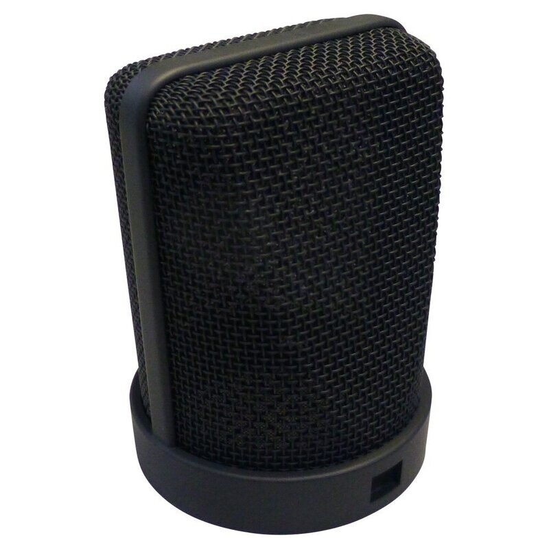 Neumann wire mesh cage for U87 large diaphragm microphone in black on a white background
