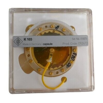 Neumann Perspex plastic case containing part 092472  gold surfaced mic capsule K103 and central yellow connection wire