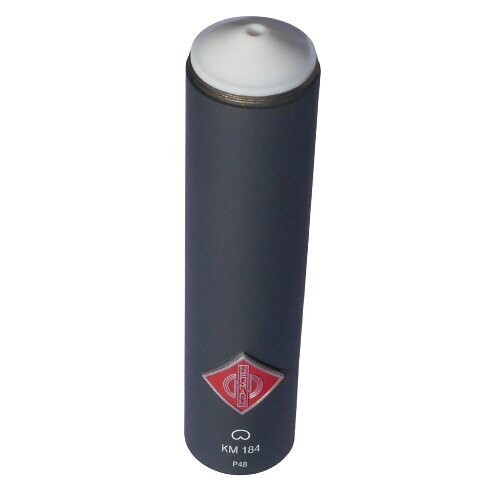Neumann Black cylindrical housing  tube with red name badge and KM184 script with cardiod symbol on a white background