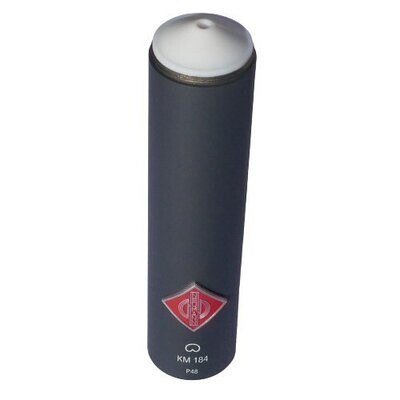 Neumann Black cylindrical housing  tube with red name badge and KM184 script with cardiod symbol on a white background