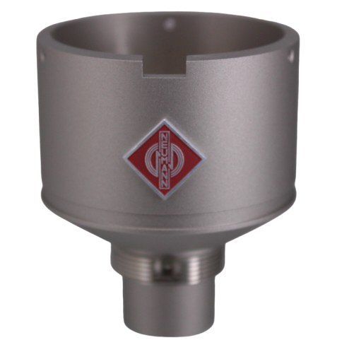 Nickel coloured cylindrical body with red Neumann diamond shaped badge and tubular stem at base for a TLM 103 microphone