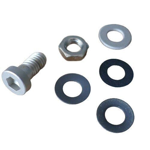 Neumann Torq screw and nut with round disc shaped locking washers and general washers on a white background