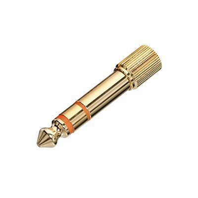 NDH20 Gold plated stereo audio adapter jack showing tip, ring and sleeve on 6.35mm jack with orange insulator rings 