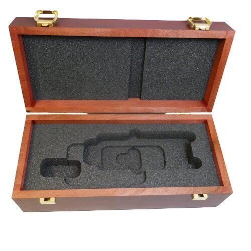 Neumann Wooden Box with foam cut out for TLM 170 Open hinged Wooden Box with two shiney catches and a foam insert cut-out to shape of a Neumann TLM170mic on white background