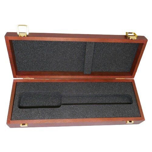 Open hinged Wooden Box with two shiney catches and a foam insert cut-out to shape of a Neumann USM69 mic on white background 