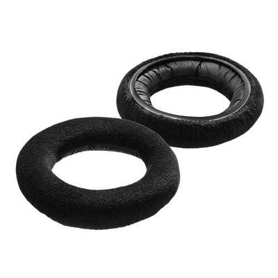 Top and bottom veiw of two black circular ear cushions for Neumann NDH30 headphones on a white background 