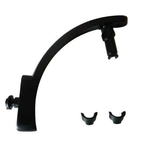 Black Plastic molded pieces including two small clips and a left Yoke arch with fittings for headphone on a white background