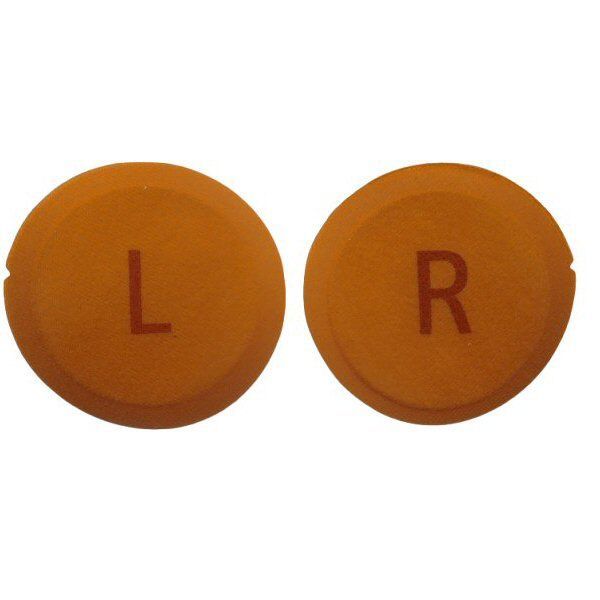 Two Neumann NDH30 orange foam ear infill cushions and marked L and R face up on a white background