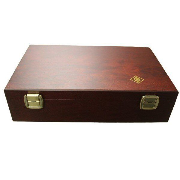 Neumann brown wooden box with logo shown closed with two front catches part 093859 for KM180 stereo set  