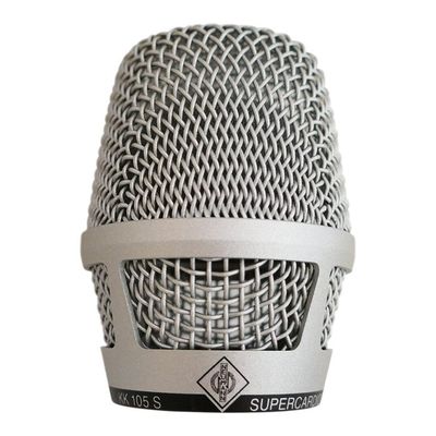 Neumann Nickel coloured wire mesh cage for Handheld KMS105 microphone part 094805 on a white background 