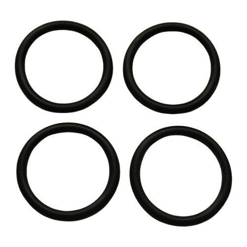 Four black rubber O rings on a white background