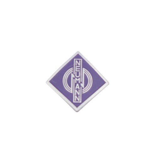 Silver and purple coloured U89 purple Name badge showing Neumann logo on a white background