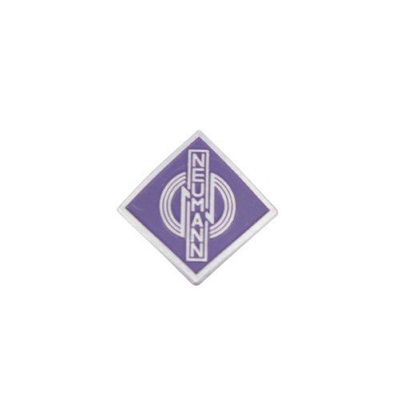 Silver and purple coloured U89 purple Name badge showing Neumann logo on a white background