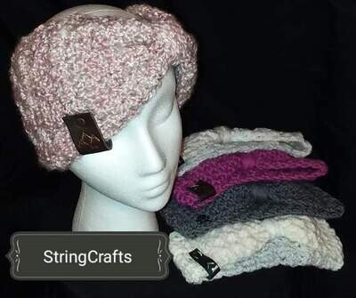 Crocheted Bow Fluffy Earwarmers Assorted Colors Sizes and Widths with Hand Stamped Leather Logo Tags Mountain Love TM Logo