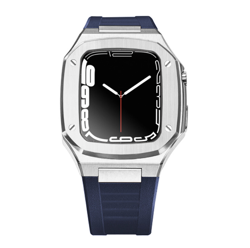 A luxurious Apple Watch strap, a steel protection case, and a silicone strap that changes the shape of the watch, full protection, an elegant look The color is a navy blue belt with a silver case