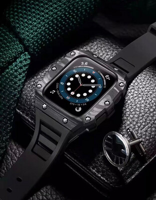 Strap for Apple Watch with a luxurious protection case, black carbon, light weight, size 44/45